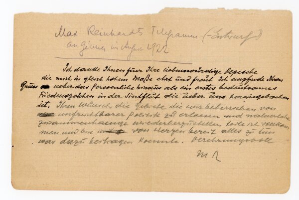 Telegrammentwurf von Max Reinhardt an Firmin Gémier - 8.1922
