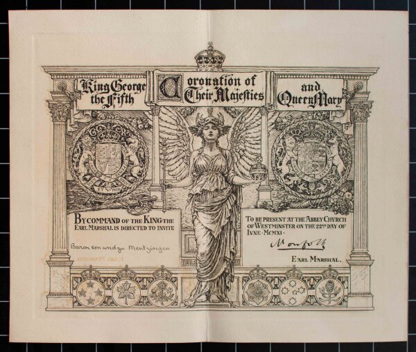 Einladung zur Krönung von George V. u. Mary an Baron von Mentzingen - 22.6.1911