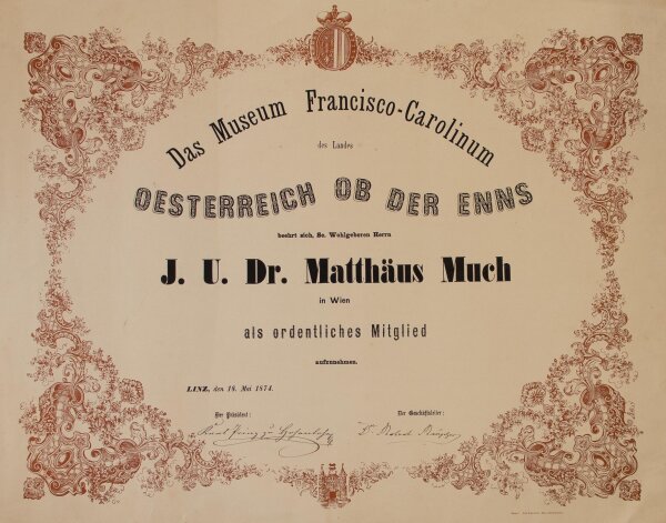 Matthäus Much - Mitgliedsurkunde - 18.Mai 1874