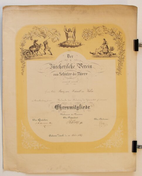 Zürcher Tierschutzverein - Ehremitgliedschaftsurkunde - Franz  Ritter von Heintl