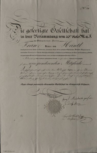 Franz Ritter v. Heintl den jüngern - Aufnahmeurkunde - 23. April 1823