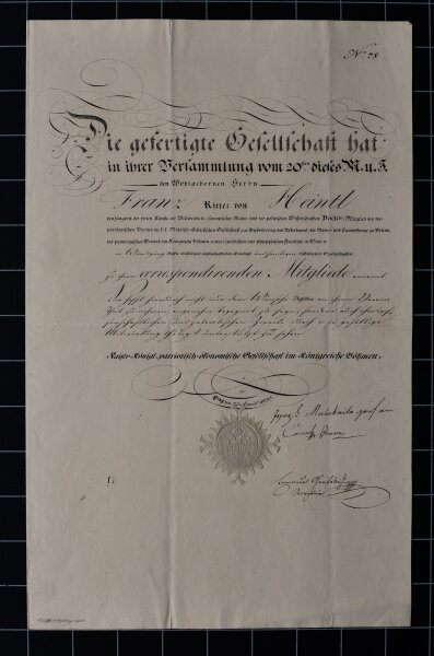 Franz Ritter v. Heintl den jüngern - Aufnahmeurkunde - 23. April 1823