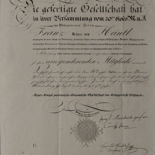 Franz Ritter v. Heintl den jüngern - Aufnahmeurkunde - 23. April 1823