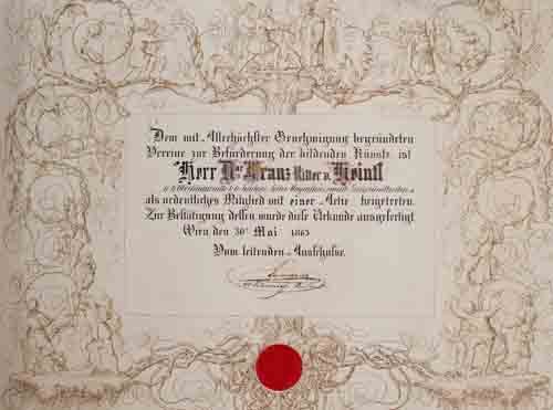 Vereine zur Beförderung der Bildende Künste - Urkunde - Franz Ritter v. Heintl