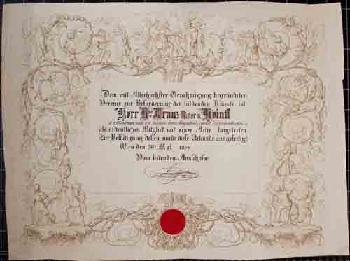 Vereine zur Beförderung der Bildende Künste - Urkunde - Franz Ritter v. Heintl