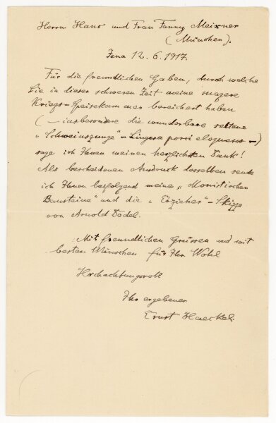 Ernst Haeckel Brief an Fanny (Franziska) Meixner - 12.6.1917