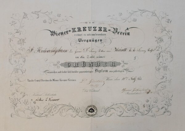 Wiener Kreuzer-Verein (Wien) - Urkunde für Franz Xaver Ritter von Heintl jun.  - 14.07.1853