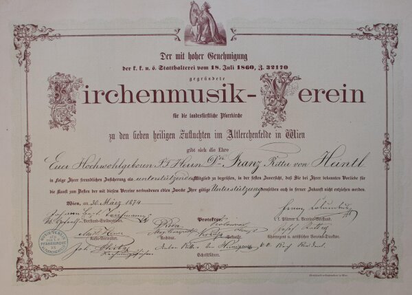 Kirchenmusik-Verein (Wien) - Urkunde für Franz Xaver Ritter von Heintl jun.  - 30.03.1874
