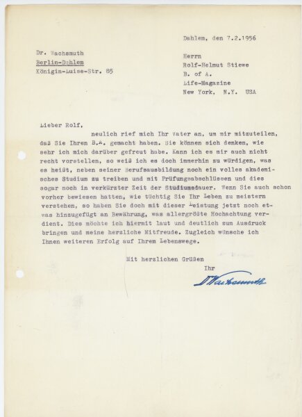 Andreas Bruno Wachsmuth - Gratulation zum Studienabschluss - 07.02.1956