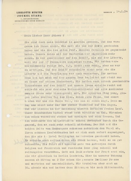 Liselotte Köster - Reisebericht und Dank - 14.01.1954