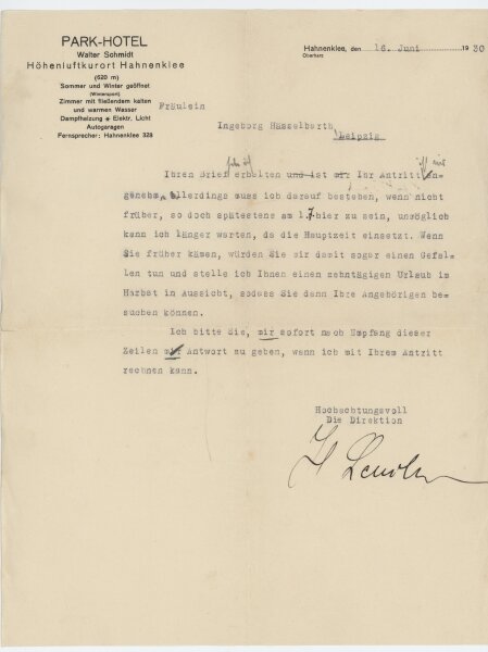 Direktion Park-Hotel Hahnenklee - Brief - 16.06.1930