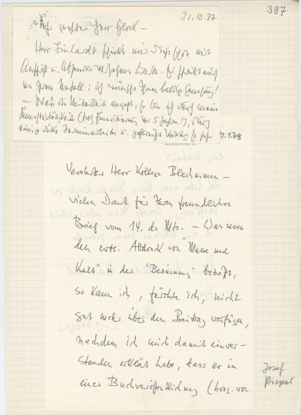 Josef Pieper - Brief und Postkarte - 31.10.1972/ 22.01.1978