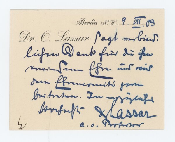 Oskar Lassar - Dankeskarte - 09.07.1903