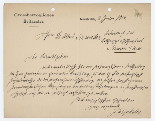 Direktor des Großherz. Hoftheaters Neustrelitz - Brief - 03.01.1914
