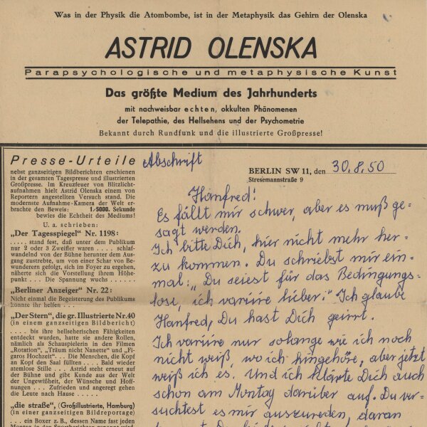 Astrid Olenska - Liebes- u. Trennungsbrief - August/ September 1950