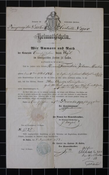 Johann Martin Feuerstein - Heimatschein - 05.12.1873