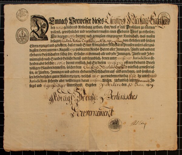 Christoph Nicolaus Engelhard - Geburtsbrief - 13. Juli 1809