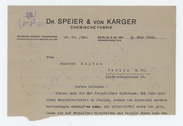 Frau Stadträtin Mugdan - Brief - 16. März 1920