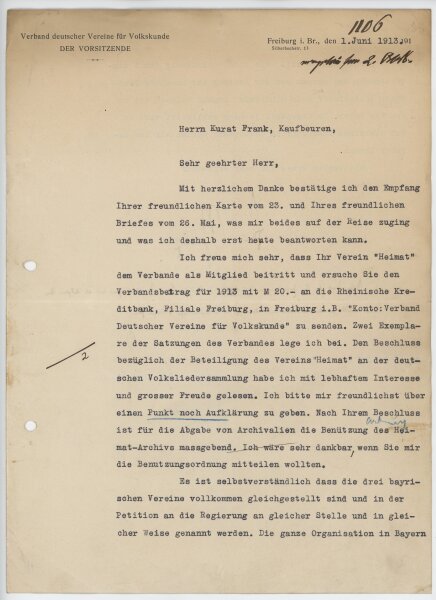 John Meier - Brief - 1. Juni 1913