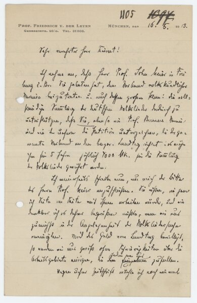 Friedrich von der Leyen - Brief - 16. Mai 1913