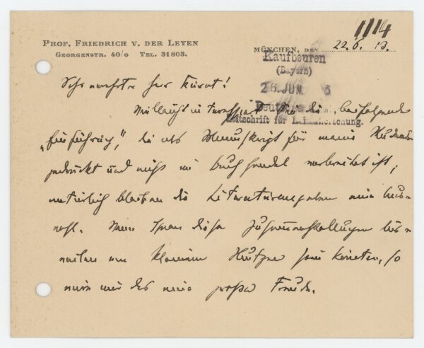 Friedrich von der Leyen - Postkarte - 22. Juni 1913