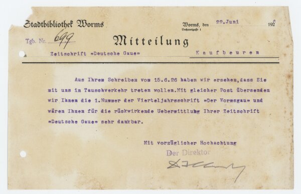 Friedrich Maria Illert - Mitteilung - 22. Juni 1926
