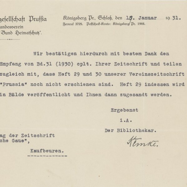 Heinrich Kemke - Brief - 17. Januar 1931