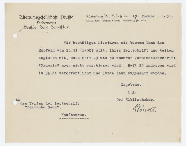 Heinrich Kemke - Brief - 17. Januar 1931