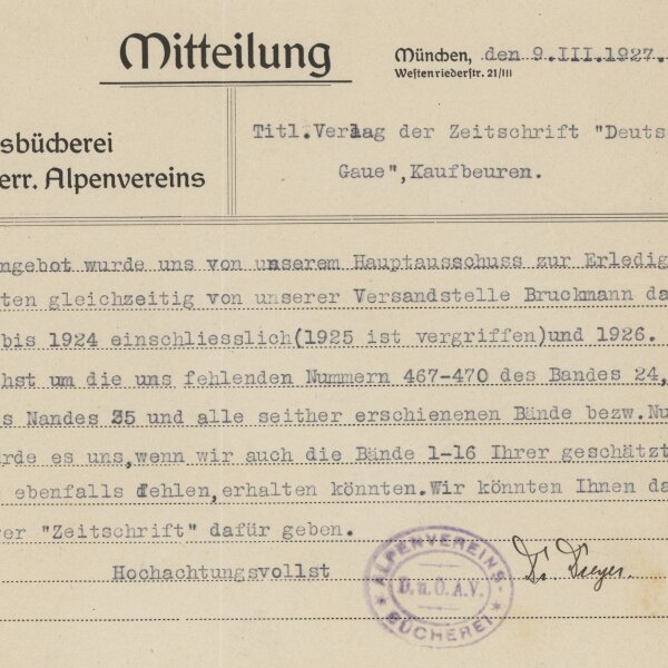 Aloys Dreyer - Mitteilung - 9. März 1927