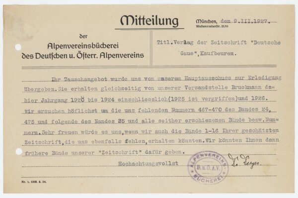 Aloys Dreyer - Mitteilung - 9. März 1927