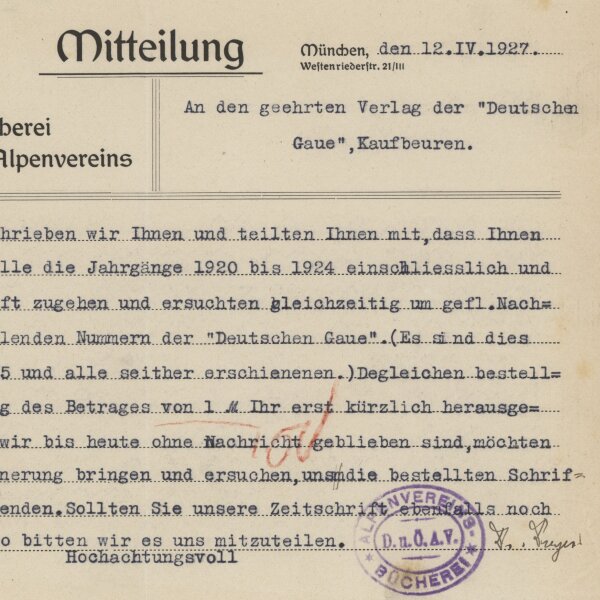 Aloys Dreyer - Mitteilung - 12. April 1927