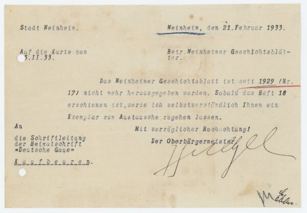 Joseph Huegel - Brief - 21. Februar 1933