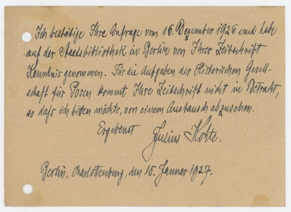Julius Kohte - Brief - 15. Januar 1927