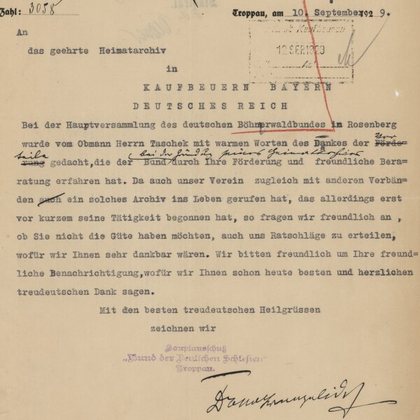 Bund der Deutschen Schlesiens - Brief - 10. September 1929
