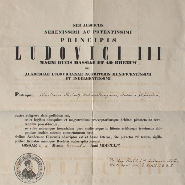 August Knoebl - Immatrikulationsurkunde - 21. April 1855