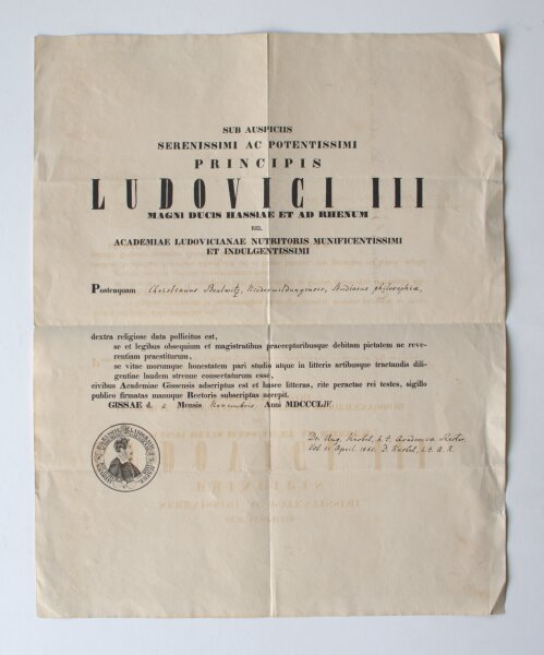 August Knoebl - Immatrikulationsurkunde - 21. April 1855