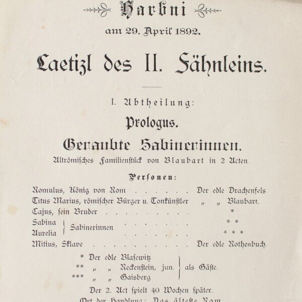 Hoher Harbni-Orden - Theaterzettel Harbni-Orden Sabinerinnen - Druck - 1892