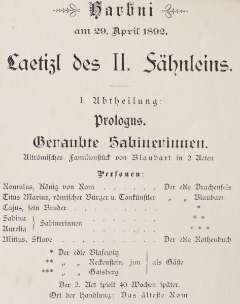 Hoher Harbni-Orden - Theaterzettel Harbni-Orden Sabinerinnen - Druck - 1892