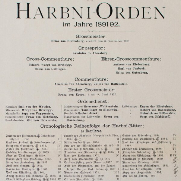Hoher Harbni-Orden - Harbni-Orden Mitgliederverzeichnis 1891/92 - Druck - 1892