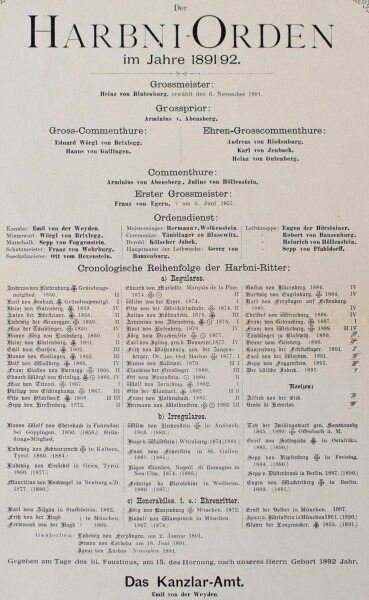 Hoher Harbni-Orden - Harbni-Orden Mitgliederverzeichnis 1891/92 - Druck - 1892