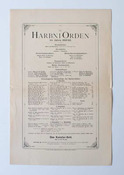 Hoher Harbni-Orden - Harbni-Orden Mitgliederverzeichnis 1891/92 - Druck - 1892