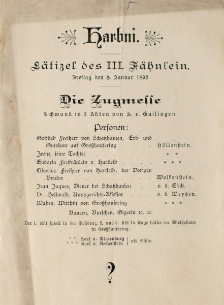 Hoher Harbni-Orden - Habni-Orden Theaterzettel Zugmeise - Druck - 1892