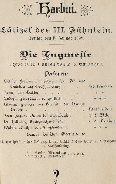 Hoher Harbni-Orden - Habni-Orden Theaterzettel Zugmeise - Druck - 1892