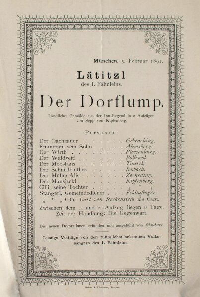 Hoher Harbni-Orden - Habni-Orden Theaterzettel Dorflump - Druck - 1892