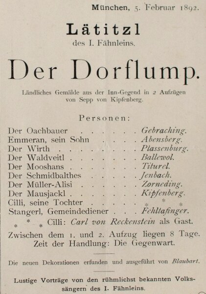Hoher Harbni-Orden - Habni-Orden Theaterzettel Dorflump - Druck - 1892