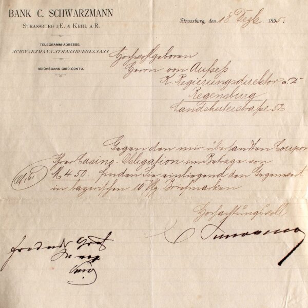 Carl Schwarzmann - Brief Bankier Carl Schwarzmann Straßburg - Handschrift - 1895