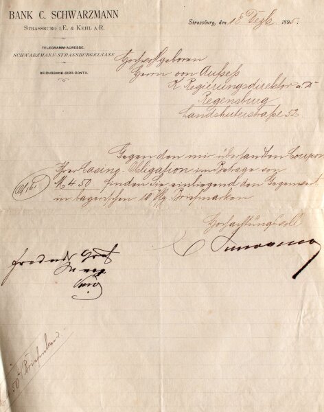Carl Schwarzmann - Brief Bankier Carl Schwarzmann Straßburg - Handschrift - 1895