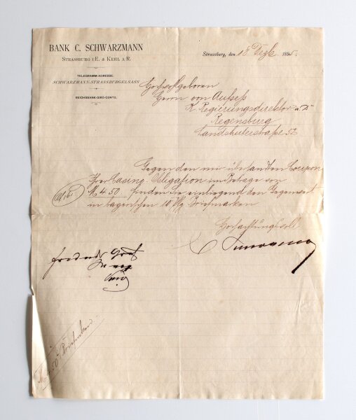 Carl Schwarzmann - Brief Bankier Carl Schwarzmann Straßburg - Handschrift - 1895