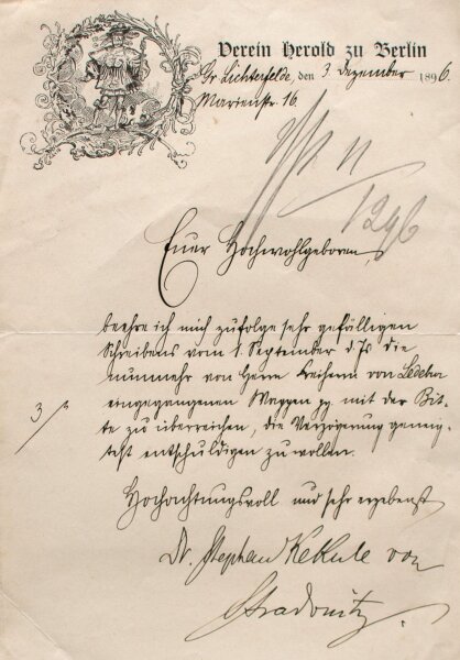 Stephan Kekule von Stradonitz - Autograph Stephan Kekule von Stradonitz Herold Verein - Handschrift - 1896