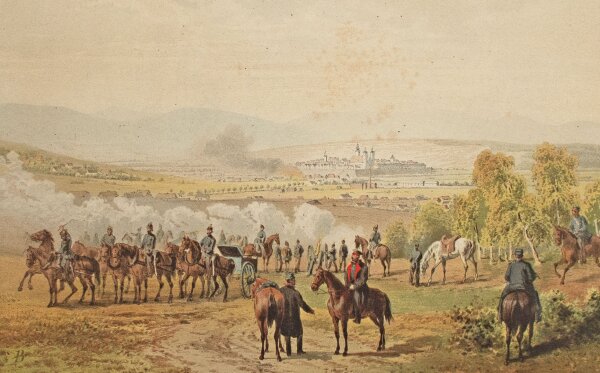 W. Korn, Berlin - Beschiessung von Königgrätz - Farblithografie - 1866